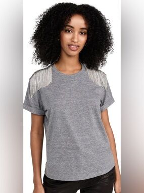 cinq a sept Gray Tee with Silver Shoulder Chain Fringe